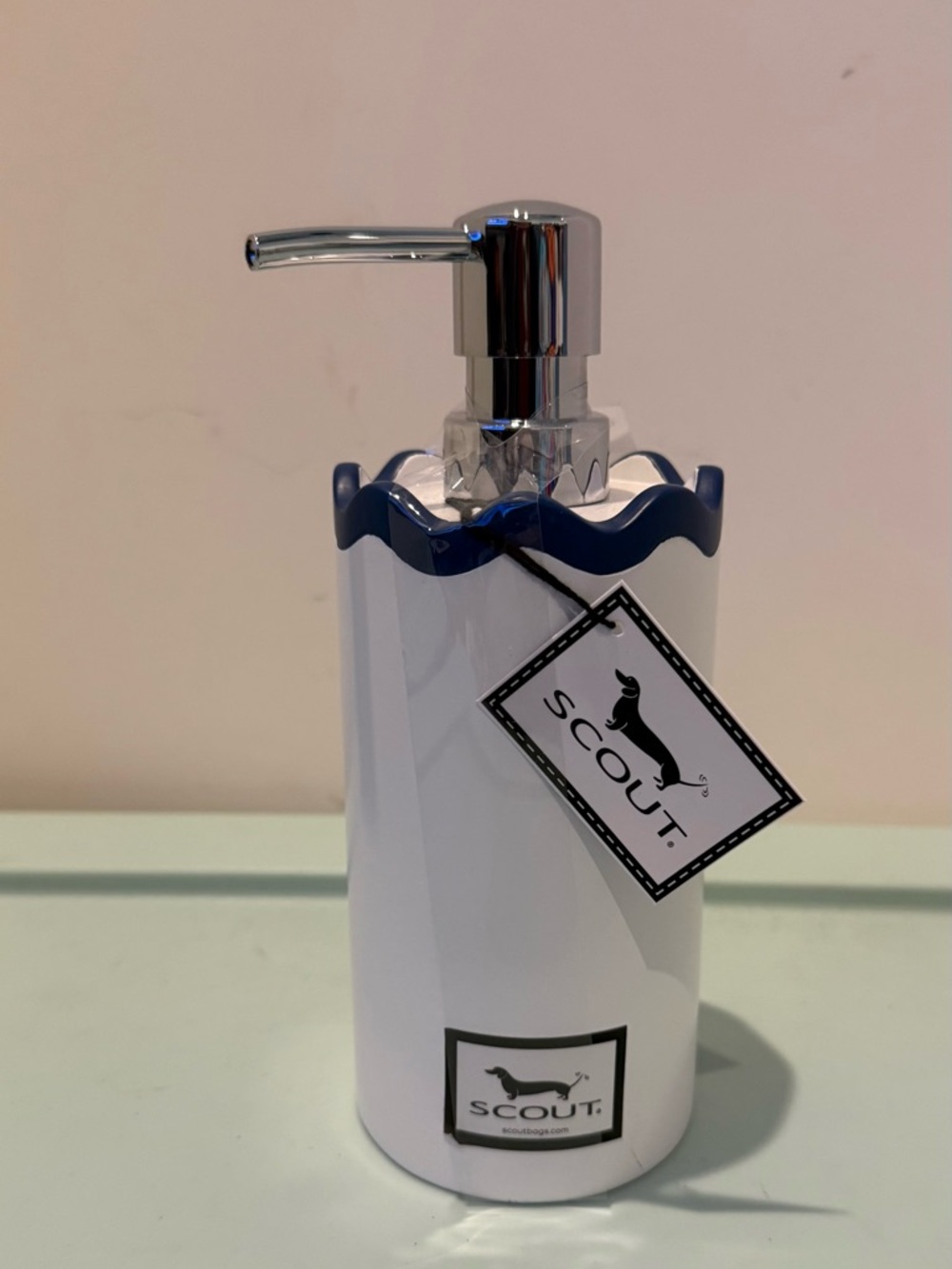 Sleek and Pretty Scout White & Navy Soap Dispenser with Scalloped Edge- NWT